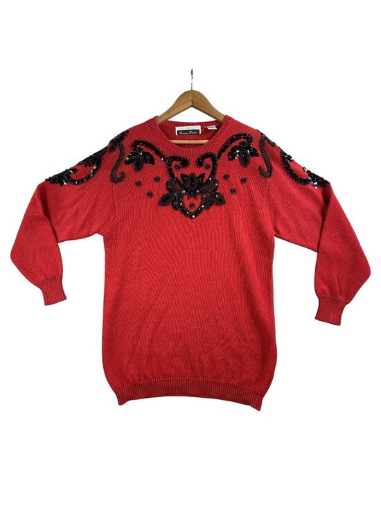 Dana Scott Sweaters - Vintage Dana Scott Sweater Womens Small Red Beaded Sequin Floral Tunic 90s Boho